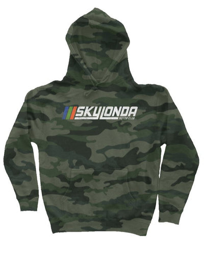 Sky Londa Motor Club Rally logo printed with vintage look on chest of premium camouflage hooded sweatshirt