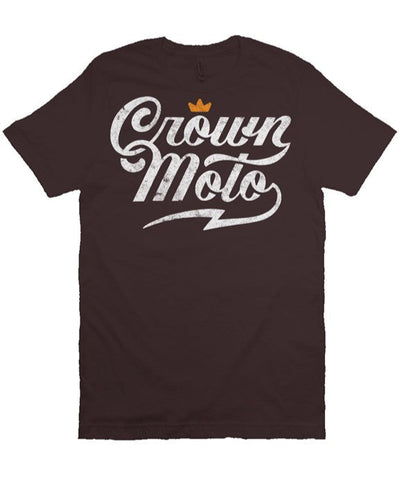 Crown Moto Script logo design printed with vintage look on chest of premium Bella Canvas short sleeve t-shirt