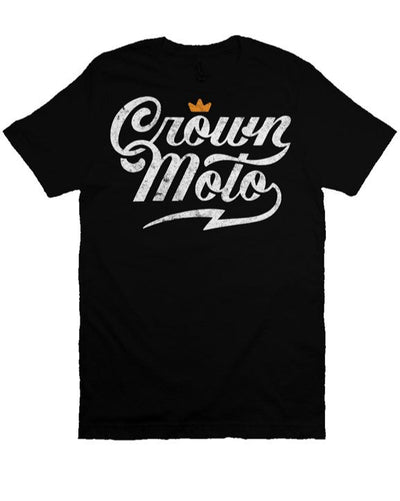 Crown Moto Script logo design printed with vintage look on chest of premium Bella Canvas short sleeve t-shirt