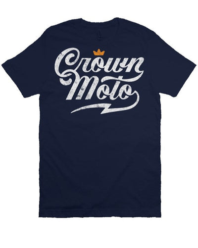 Crown Moto Script logo design printed with vintage look on chest of premium Bella Canvas short sleeve t-shirt
