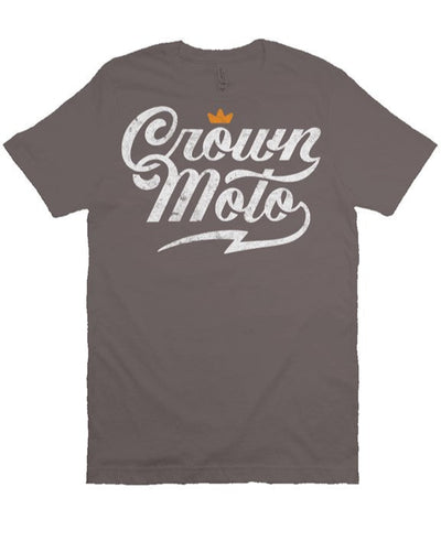Crown Moto Script logo design printed with vintage look on chest of premium Bella Canvas short sleeve t-shirt