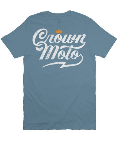 Crown Moto Script logo design printed with vintage look on chest of premium Bella Canvas short sleeve t-shirt
