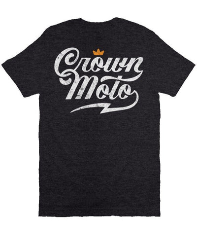 Crown Moto Script logo design printed with vintage look on chest of premium Bella Canvas short sleeve t-shirt