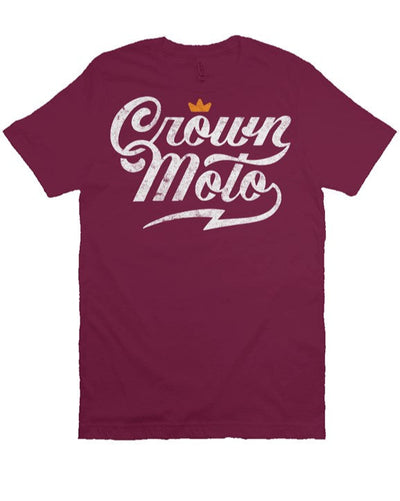 Crown Moto Script logo design printed with vintage look on chest of premium Bella Canvas short sleeve t-shirt