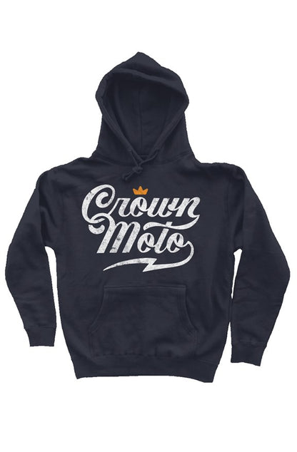 Crown Moto script logo printed in distressed ink with vintage look on the chest of premium hooded sweatshirt