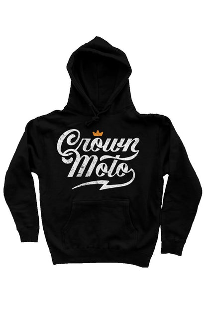 Crown Moto script logo printed in distressed ink with vintage look on the chest of premium hooded sweatshirt