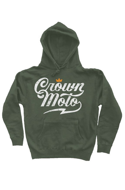 Crown Moto script logo printed in distressed ink with vintage look on the chest of premium hooded sweatshirt