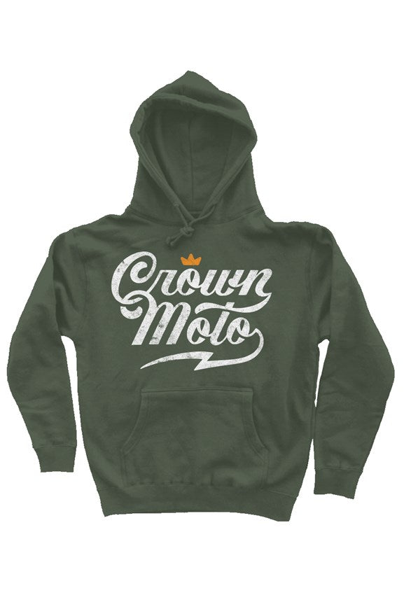 Crown Moto script logo printed in distressed ink with vintage look on the chest of premium hooded sweatshirt