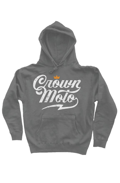 Crown Moto script logo printed in distressed ink with vintage look on the chest of premium hooded sweatshirt