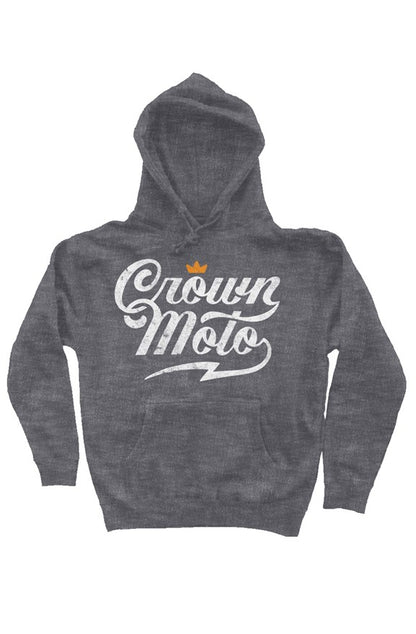 Crown Moto script logo printed in distressed ink with vintage look on the chest of premium hooded sweatshirt