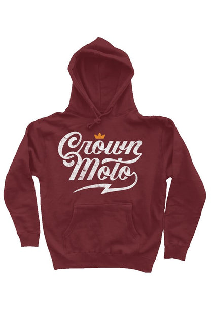 Crown Moto script logo printed in distressed ink with vintage look on the chest of premium hooded sweatshirt