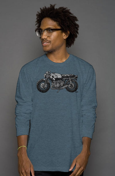 vintage bmw motorcycle drawing by henri on the chest of unisex long sleeve shirt