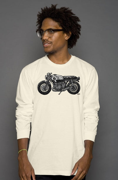 vintage bmw motorcycle drawing by henri on the chest of unisex long sleeve shirt