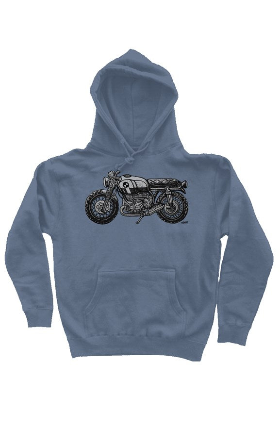 vintage bmw motorcycle drawing by henri on the chest of premium hooded sweatshirt