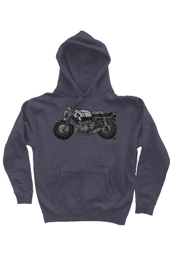 vintage bmw motorcycle drawing by henri on the chest of premium hooded sweatshirt