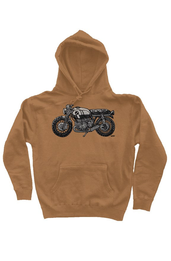 vintage bmw motorcycle drawing by henri on the chest of premium hooded sweatshirt