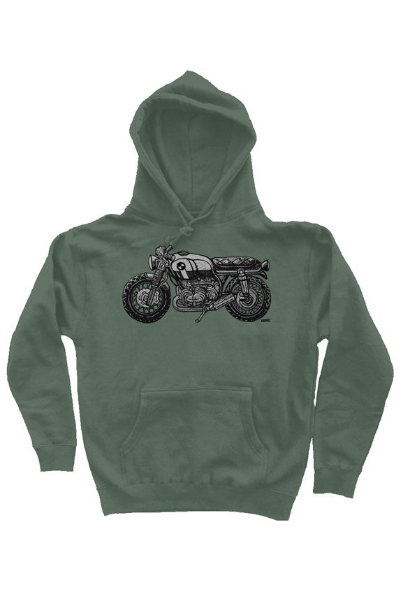 vintage bmw motorcycle drawing by henri on the chest of premium hooded sweatshirt