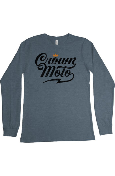 Crown Moto script logo in distressed black on chest of premium unisex long sleeve shirt