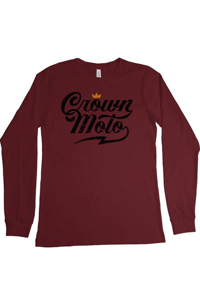 Crown Moto script logo in distressed black on chest of premium unisex long sleeve shirt