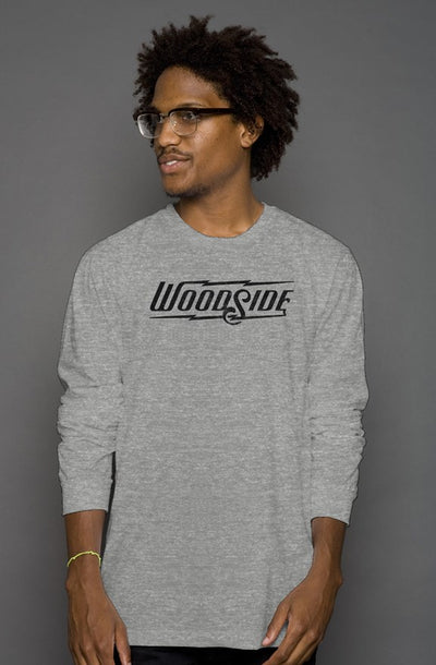 Woodside Brand logo in distressed black on chest of premium unisex long sleeve shirt