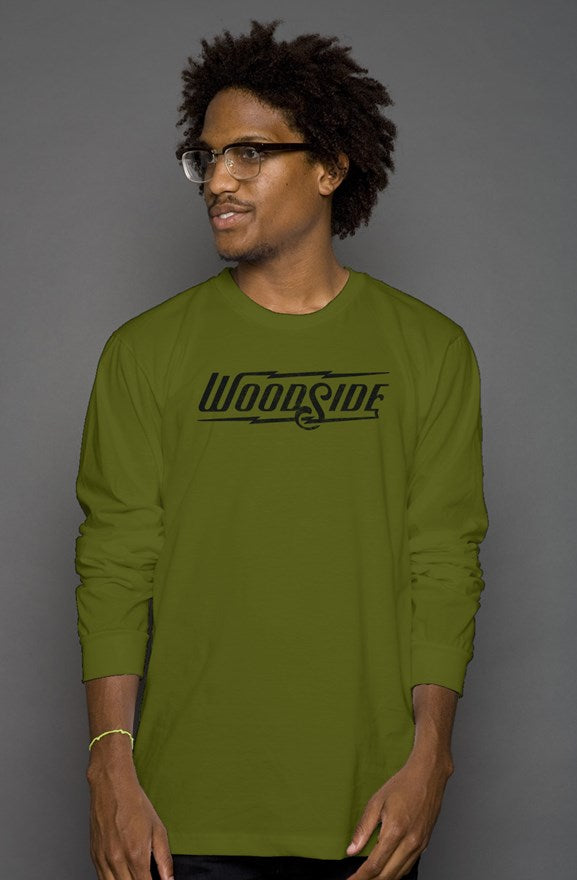 Woodside Brand logo in distressed black on chest of premium unisex long sleeve shirt