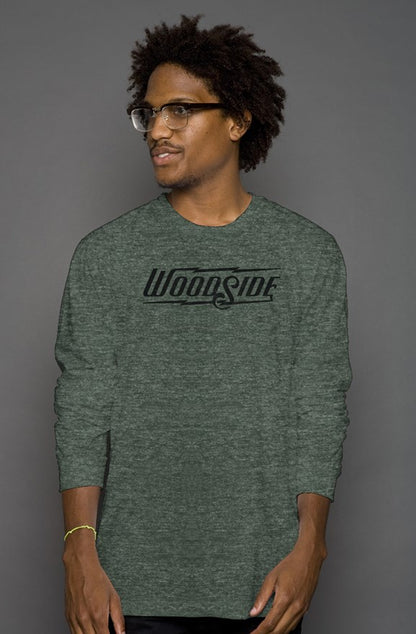 Woodside Brand logo in distressed black on chest of premium unisex long sleeve shirt