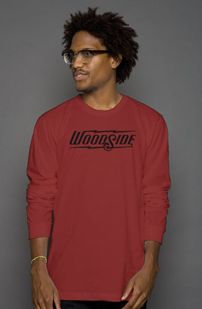 Woodside Brand logo in distressed black on chest of premium unisex long sleeve shirt