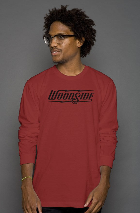 Woodside Brand logo in distressed black on chest of premium unisex long sleeve shirt
