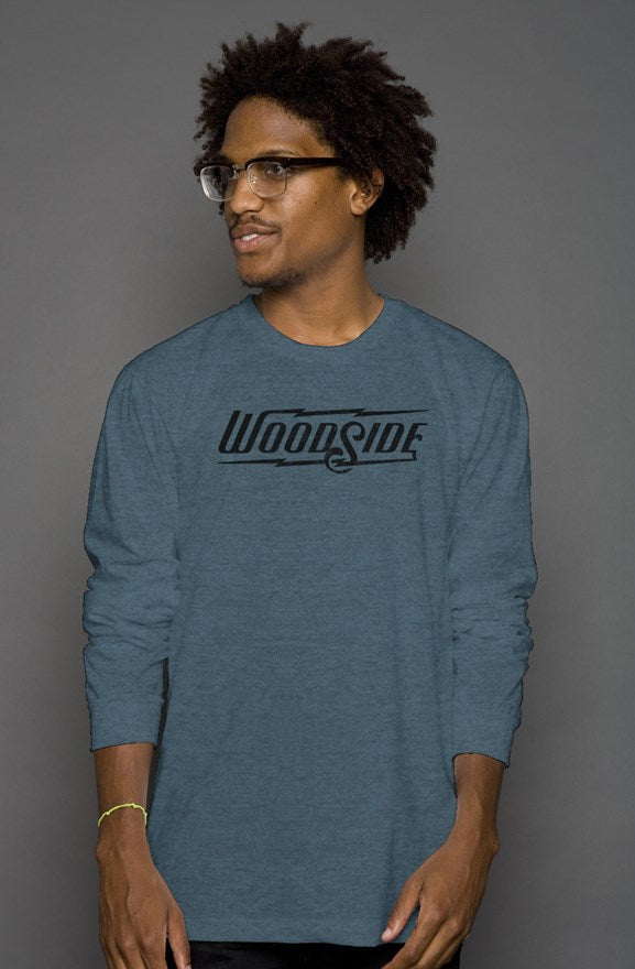Woodside Brand logo in distressed black on chest of premium unisex long sleeve shirt