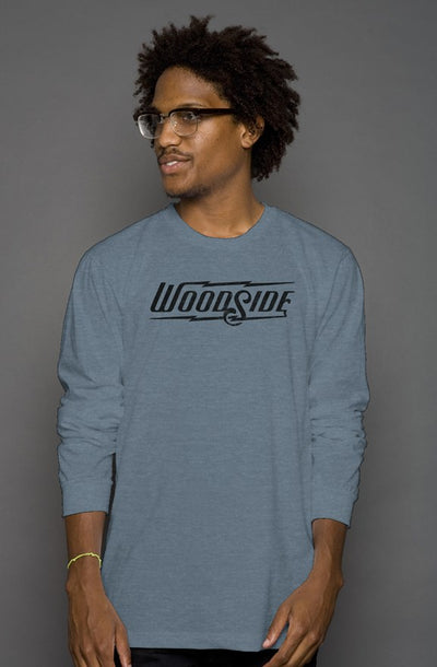 Woodside Brand logo in distressed black on chest of premium unisex long sleeve shirt