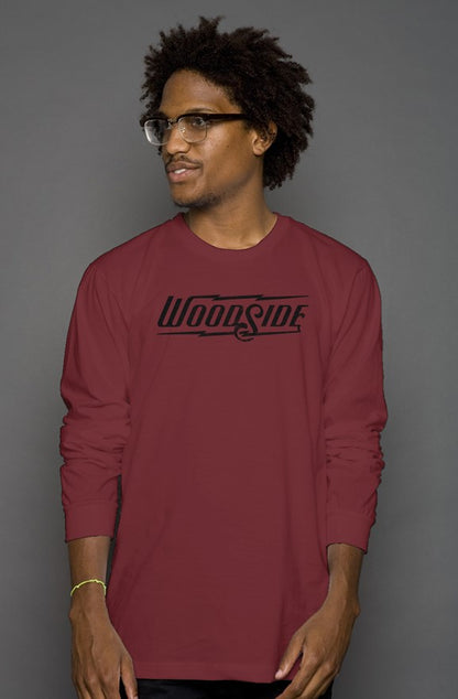 Woodside Brand logo in distressed black on chest of premium unisex long sleeve shirt