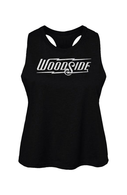 Woodside Brand logo in distressed white on chest of Women's Racerback Cropped Tank