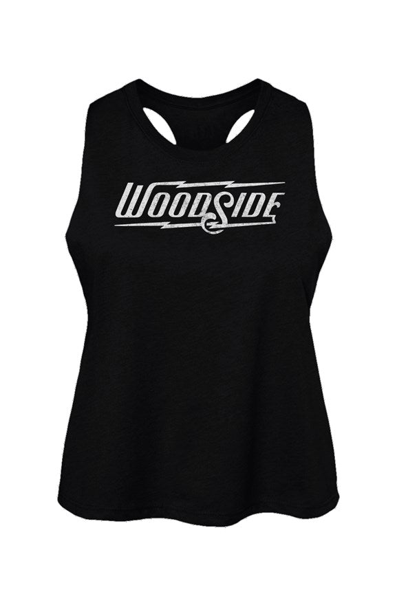 Woodside Brand logo in distressed white on chest of Women's Racerback Cropped Tank