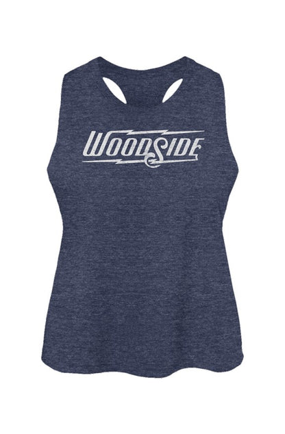 Woodside Brand logo in distressed white on chest of Women's Racerback Cropped Tank