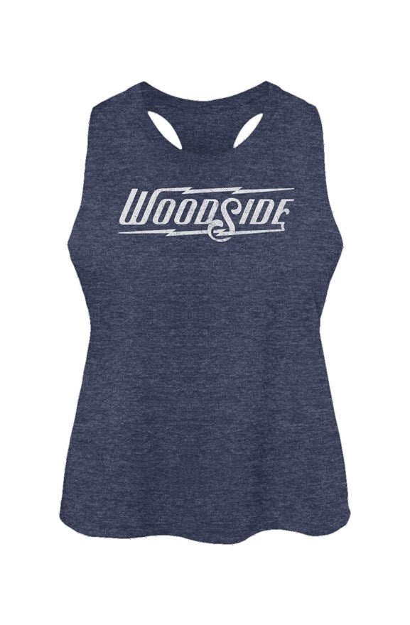 Woodside Brand logo in distressed white on chest of Women's Racerback Cropped Tank