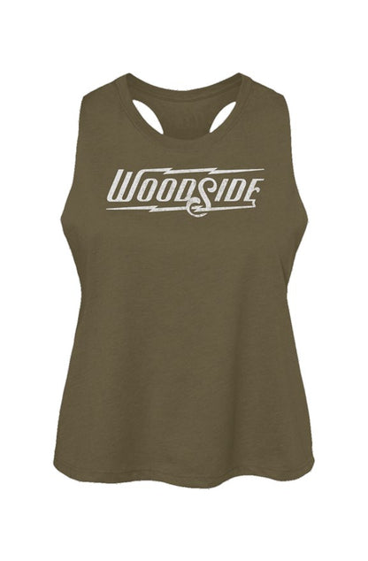 Woodside Brand logo in distressed white on chest of Women's Racerback Cropped Tank