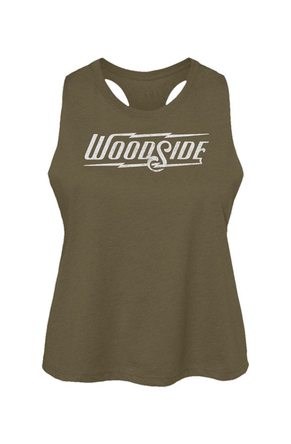 Woodside Brand logo in distressed white on chest of Women's Racerback Cropped Tank