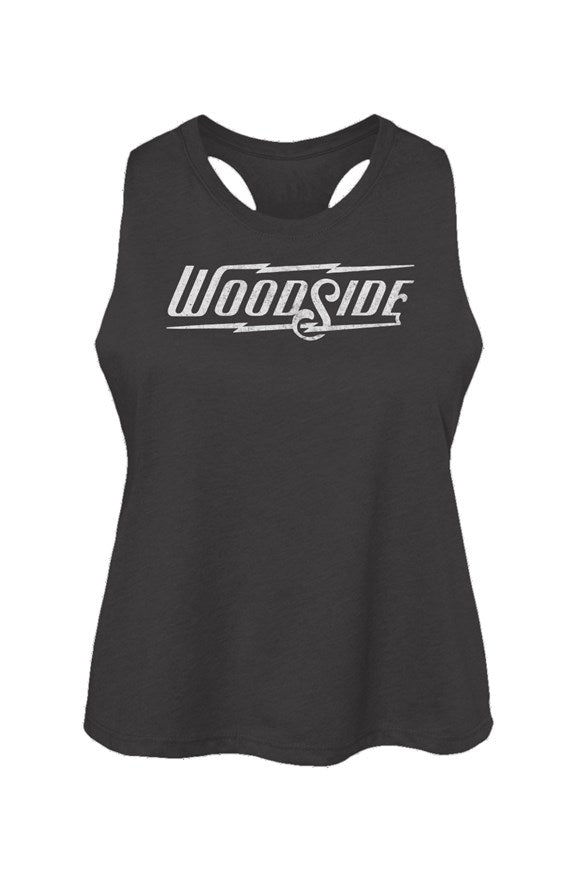 Woodside Brand logo in distressed white on chest of Women's Racerback Cropped Tank