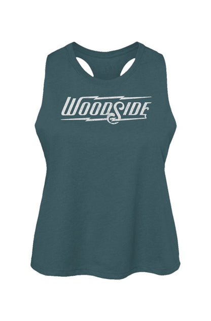 Woodside Brand logo in distressed white on chest of Women's Racerback Cropped Tank
