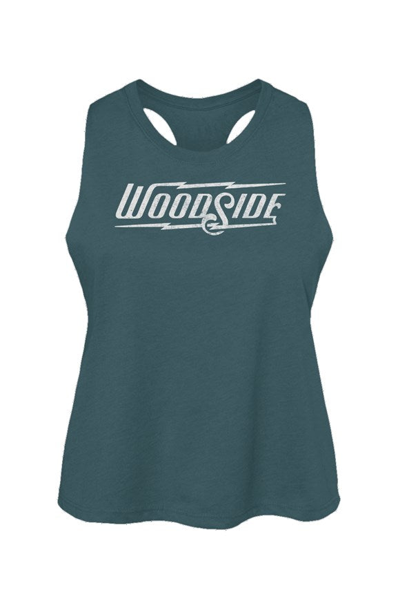 Woodside Brand logo in distressed white on chest of Women's Racerback Cropped Tank