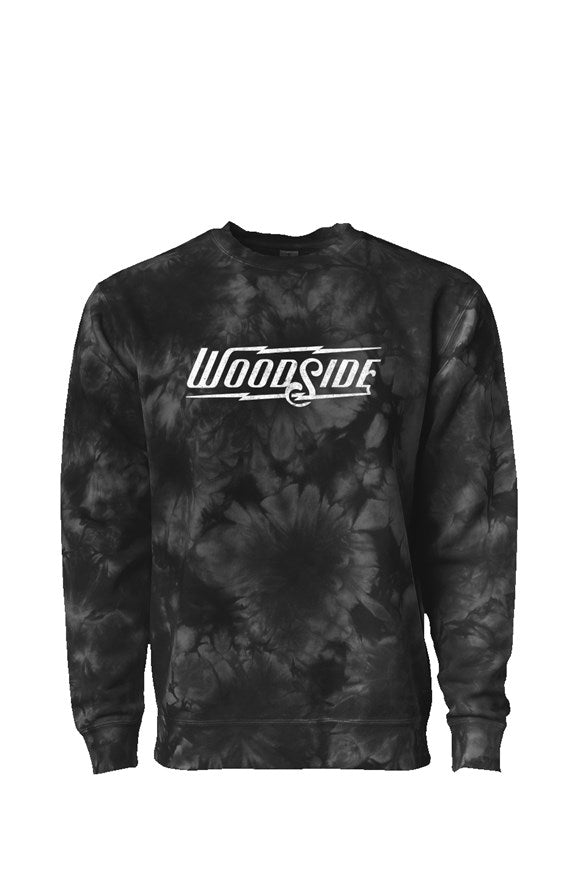 Woodside Brand logo in distressed white on chest of premium Crystal Tie Dye Crewneck sweatshirt