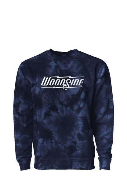 Woodside Brand logo in distressed white on chest of premium Crystal Tie Dye Crewneck sweatshirt