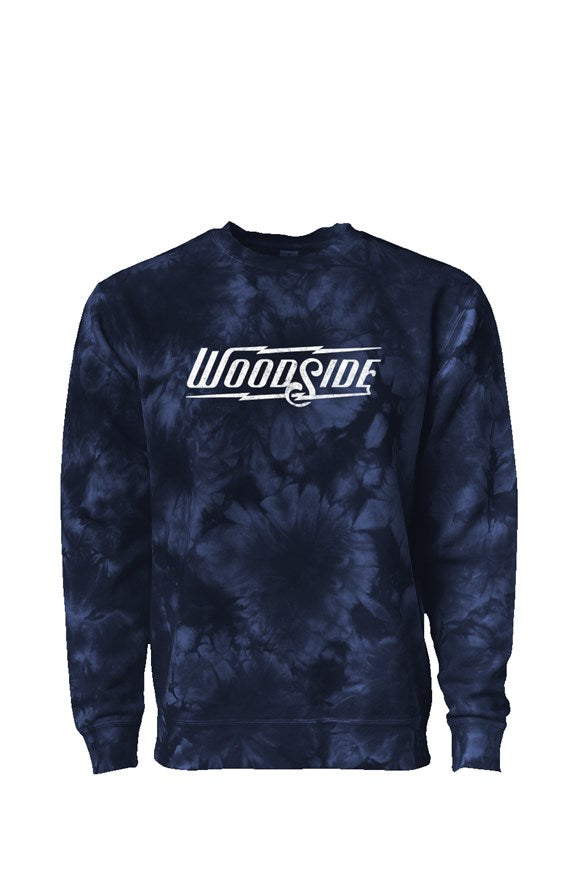 Woodside Brand logo in distressed white on chest of premium Crystal Tie Dye Crewneck sweatshirt