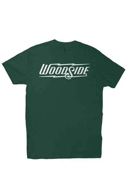 Woodside Brand logo in distressed white on chest of premium short sleeve t-shirt