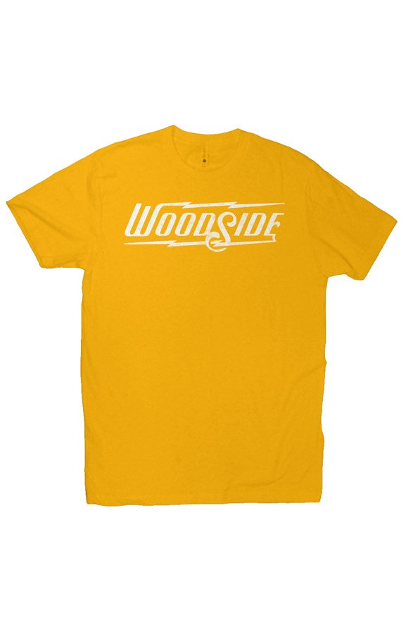 Woodside Brand logo in distressed white on chest of premium short sleeve t-shirt