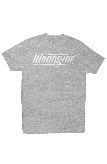 Woodside Brand logo in distressed white on chest of premium short sleeve t-shirt