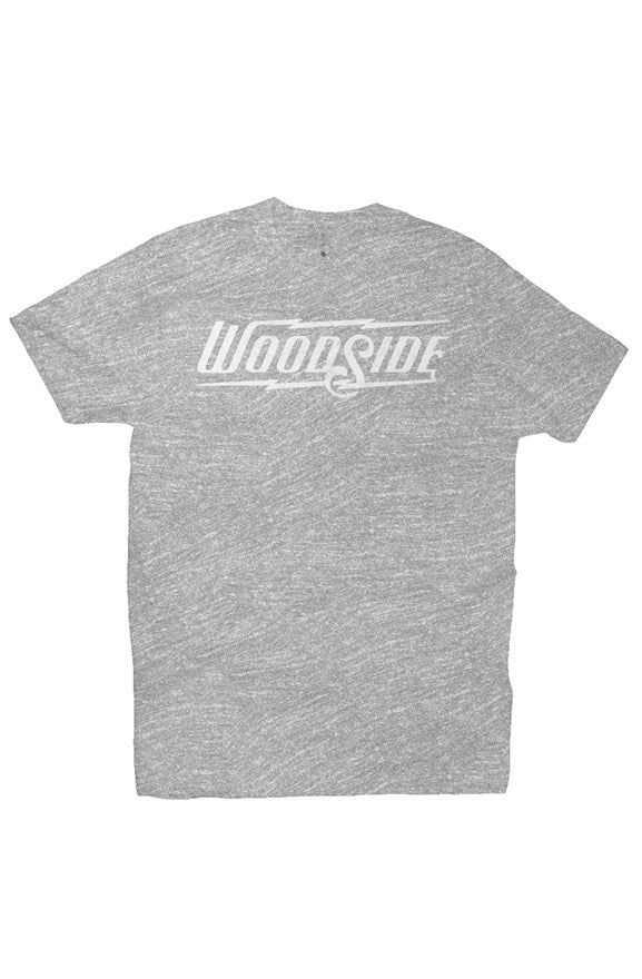 Woodside Brand logo in distressed white on chest of premium short sleeve t-shirt