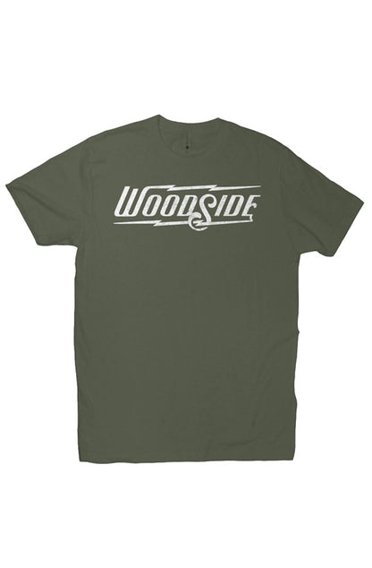 Woodside Brand logo in distressed white on chest of premium short sleeve t-shirt
