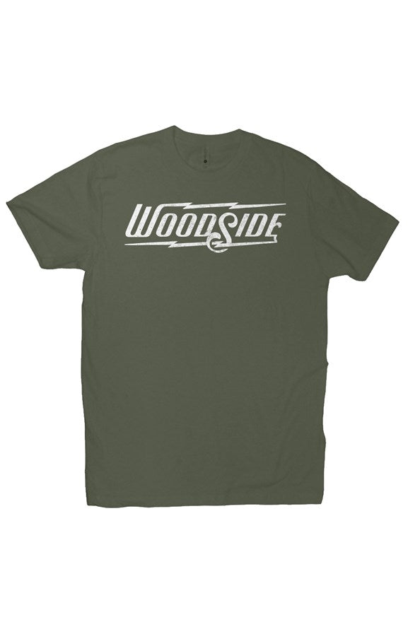 Woodside Brand logo in distressed white on chest of premium short sleeve t-shirt