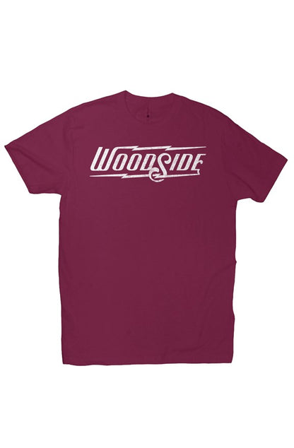 Woodside Brand logo in distressed white on chest of premium short sleeve t-shirt
